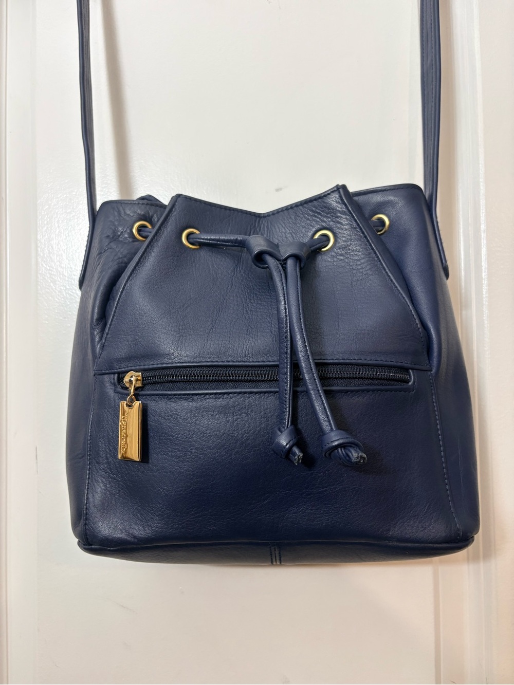 Tignanello Navy Leather Drawstring Bucket Crossbody
